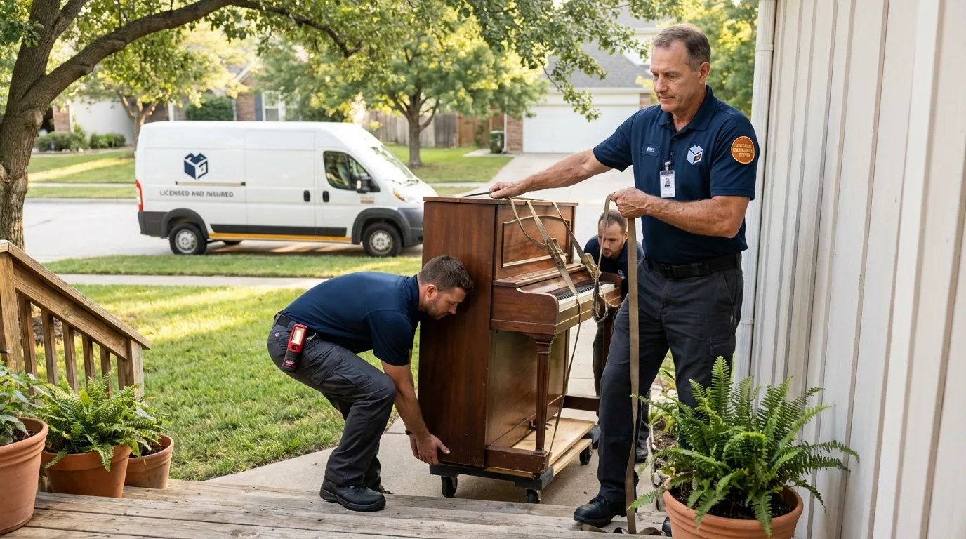 Licensed piano movers securing grand piano in West Sayville, NY