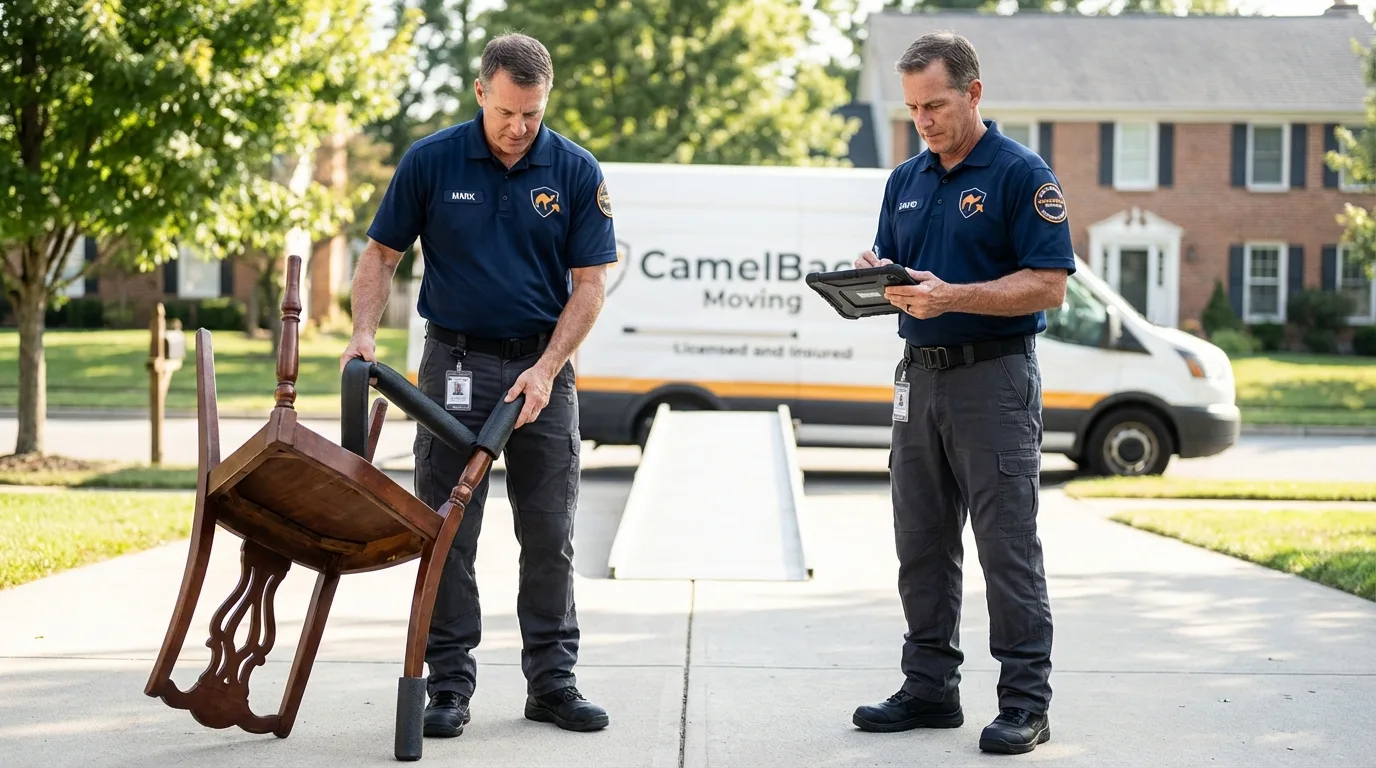 Movers inspecting furniture for damage prevention before loading in West Sayville, NY