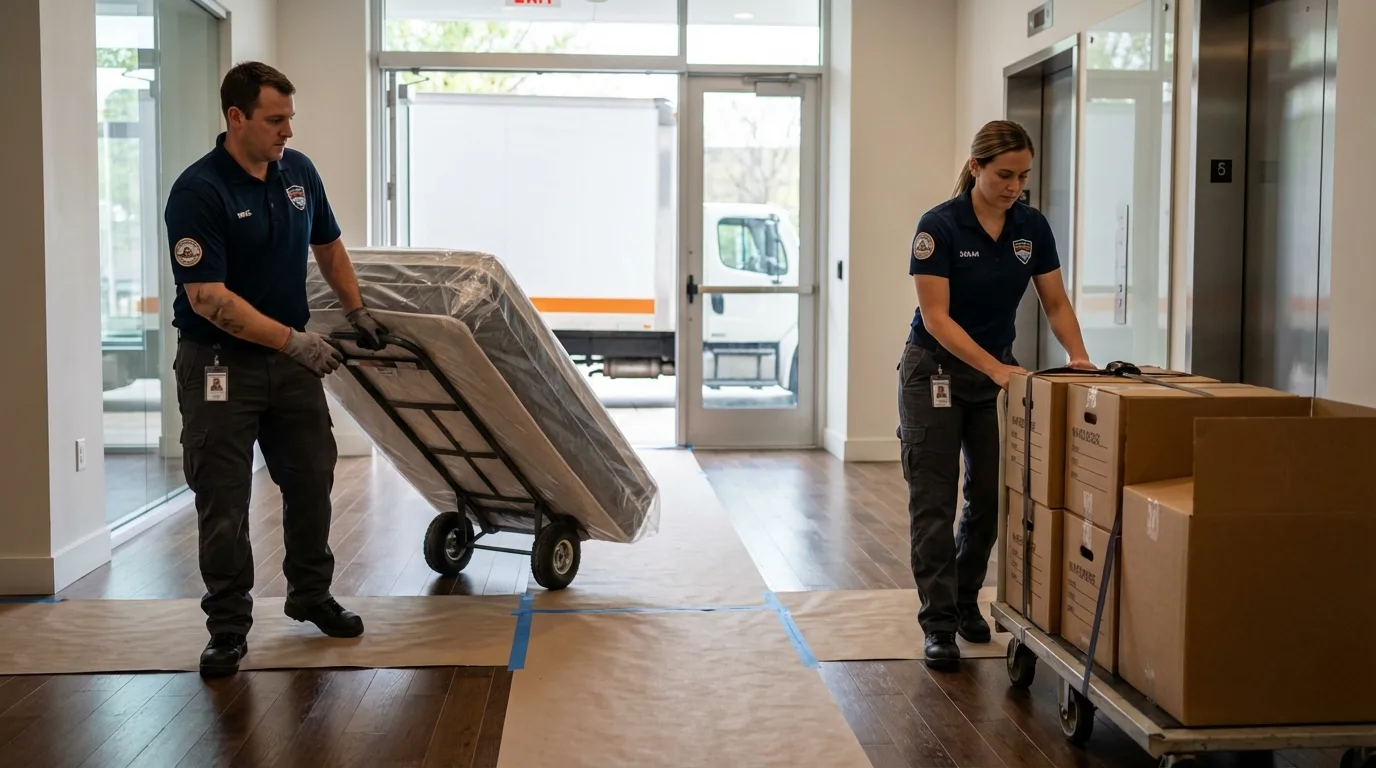 Professional apartment movers loading elevator in West Sayville, NY