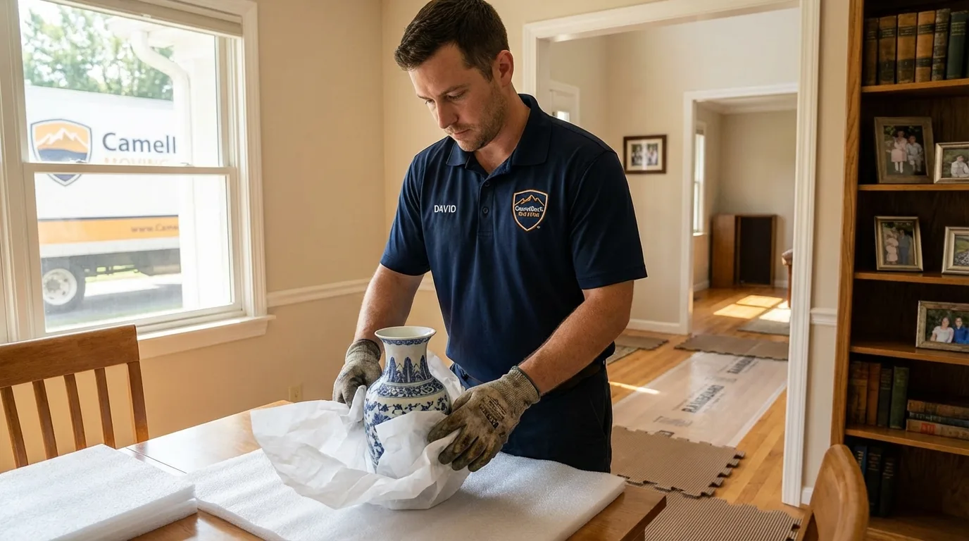 Professional crew carefully wrapping antique vase for senior downsizing move in West Sayville, NY
