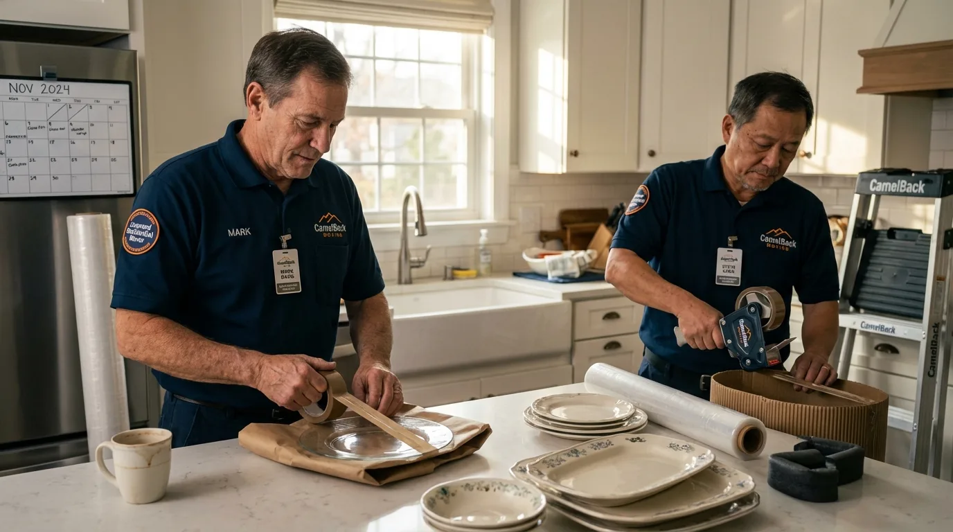 Professional crew packing kitchen dishware in West Sayville, NY